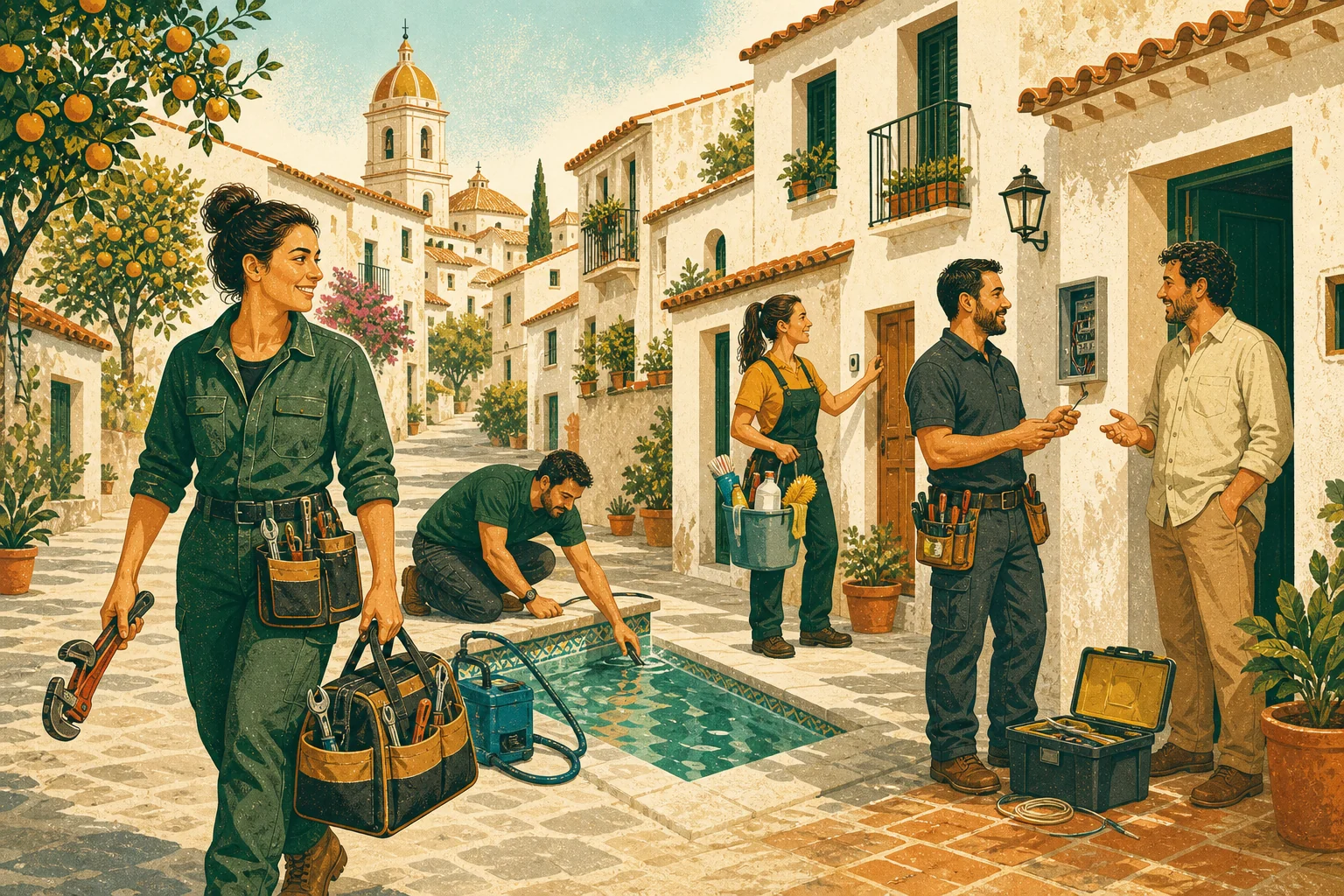 Fontaneros, técnicos de piscina, limpiadores y electricistas trabajando en un barrio de Aspe