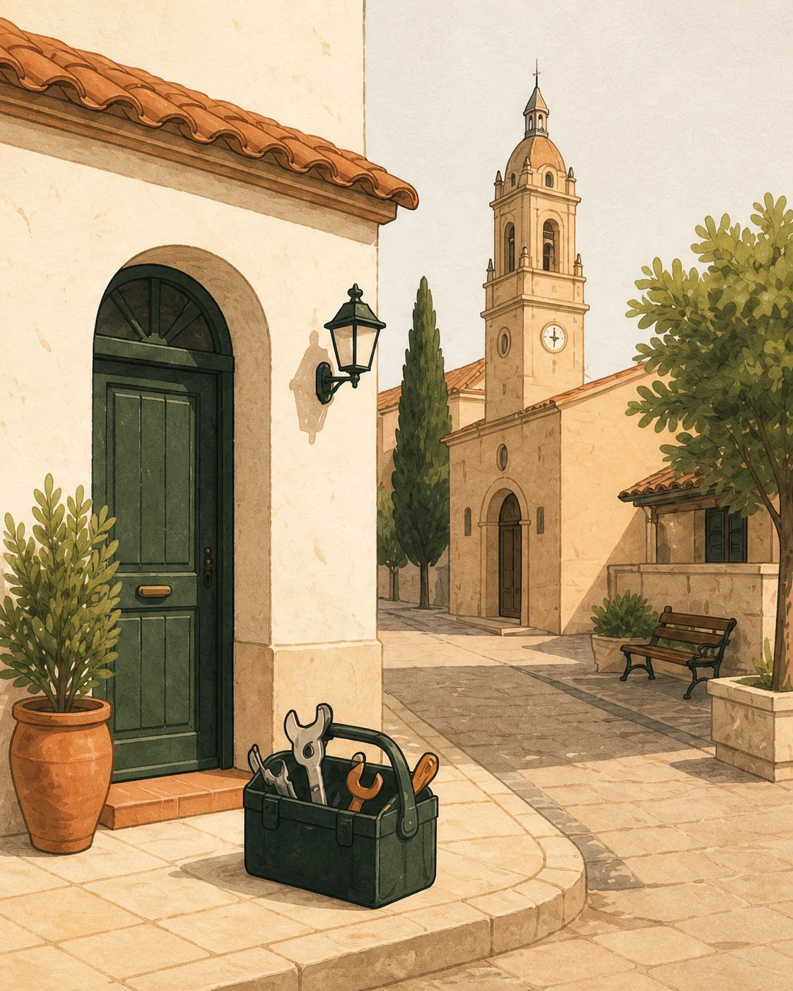 Calle tranquila de Aspe con una puerta verde, la iglesia y una bolsa de herramientas